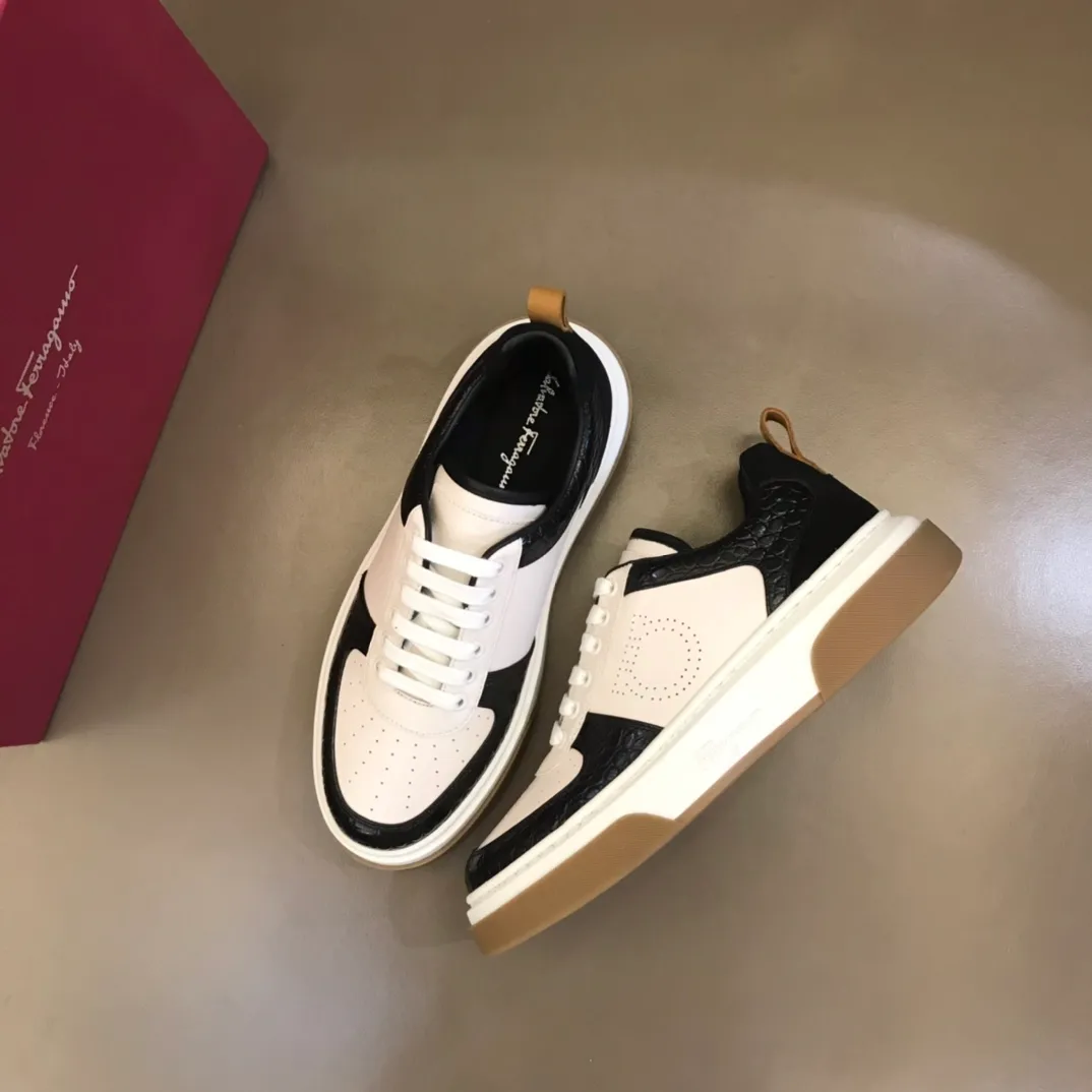 p420 "Salvatore Ferraga**" men's low-cut fashion sneakers. This casual shoe has a novel structure and is made of soft calfskin. The contrasting color elements on the upper highlight the bold and avant-garde atmosphere. The first-layer cowhide lining is high-end and comfortable. Energetic and fresh, these shoes can be worn with casual looks or add a touch of street style to elegant trousers.  Size: 38-44